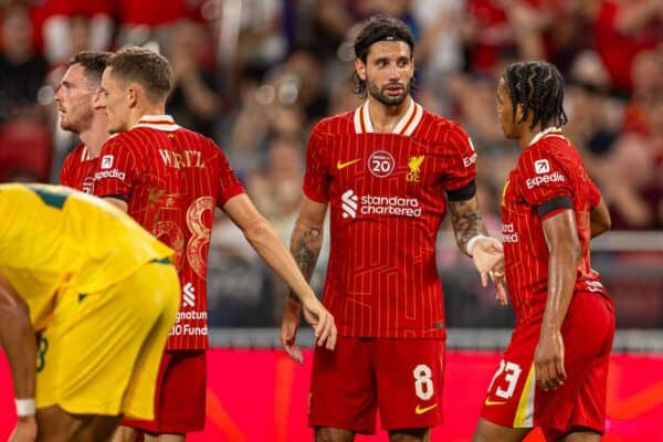 HONG KONG - Saturday, July 26, 2025: Liverpool's Dominik Szoboszlai celebrates after scoring his side's first equalising goal during the Hong Kong Football Festival 2025 pre-season match against AC Milan at the Kai Tak Stadium in Hong Kong on Day Six of the club's Asia Tour. (Photo by David Rawcliffe/Propaganda)