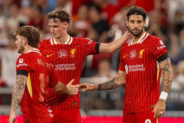 HONG KONG - Saturday, July 26, 2025: Liverpool's Dominik Szoboszlai celebrates after scoring his side's first equalising goal during the Hong Kong Football Festival 2025 pre-season match against AC Milan at the Kai Tak Stadium in Hong Kong on Day Six of the club's Asia Tour. (Photo by David Rawcliffe/Propaganda)