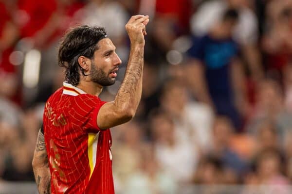 HONG KONG - Saturday, July 26, 2025: Liverpool's Dominik Szoboszlai celebrates after scoring his side's first equalising goal during the Hong Kong Football Festival 2025 pre-season match against AC Milan at the Kai Tak Stadium in Hong Kong on Day Six of the club's Asia Tour. (Photo by David Rawcliffe/Propaganda)