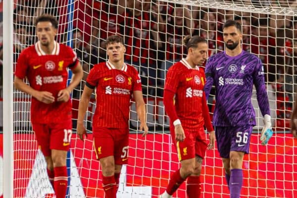 HONG KONG - Saturday, July 26, 2025: Liverpool's goalkeeper Giorgi Mamardashvili reacts as AC Milan score a second goal during the Hong Kong Football Festival 2025 pre-season match against AC Milan at the Kai Tak Stadium in Hong Kong on Day Six of the club's Asia Tour. (Photo by David Rawcliffe/Propaganda)