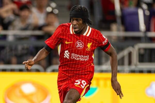 HONG KONG - Saturday, July 26, 2025: Liverpool's Jeremie Frimpong during the Hong Kong Football Festival 2025 pre-season match against AC Milan at the Kai Tak Stadium in Hong Kong on Day Six of the club's Asia Tour. (Photo by David Rawcliffe/Propaganda)