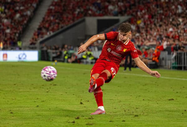 HONG KONG - Saturday, July 26, 2025: Liverpool's Milos Kerkez during the Hong Kong Football Festival 2025 pre-season match against AC Milan at the Kai Tak Stadium in Hong Kong on Day Six of the club's Asia Tour. (Photo by David Rawcliffe/Propaganda)