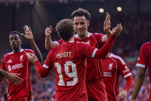 LIVERPOOL, ENGLAND - Monday, August 4, 2025: Liverpool's Harvey Elliott and Curtis Jones celebrating after scoring the fourth goal during a pre-season friendly match between Liverpool FC and Athletic Bilbao at Anfield. (Photo by David Rawcliffe/Propaganda)