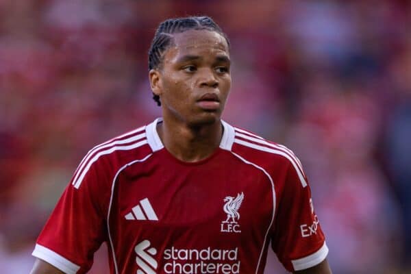 LIVERPOOL, ENGLAND - Monday, August 4, 2025: Liverpool's Rio Ngumoha during a pre-season friendly match between Liverpool FC and Athletic Bilbao at Anfield. (Photo by David Rawcliffe/Propaganda)