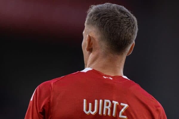 LIVERPOOL, ENGLAND - Monday, August 4, 2025: The back of the shirt of Liverpool's Florian Wirtz during a pre-season friendly match between Liverpool FC and Athletic Bilbao at Anfield. (Photo by David Rawcliffe/Propaganda)