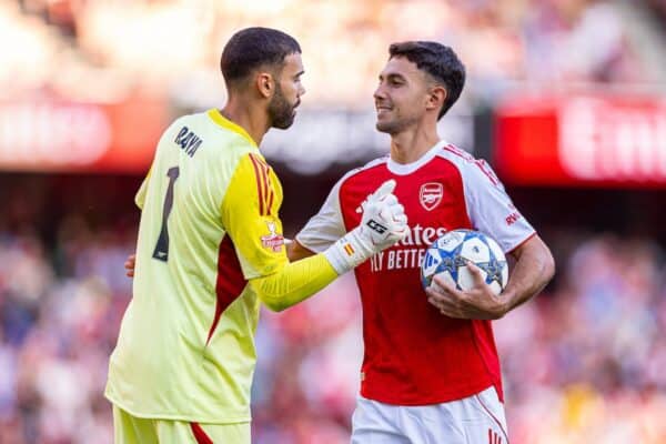 LONDON, ENGLAND - Saturday, August 9, 2025: Arsenal's Arsenal's goalkeeper David Raya (L) and Martin Zubimendi during a pre-season friendly match between Arsenal FC and Athletic Bilbao at the Emirates Stadium. (Photo by David Rawcliffe/Propaganda)