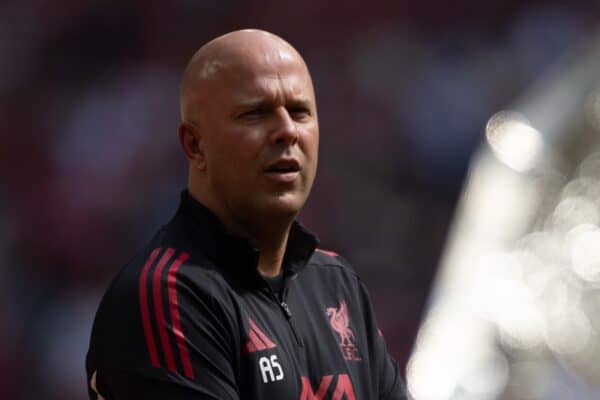 LONDON, ENGLAND - Sunday, August 10, 2025: Liverpool's head coach Arne Slot before the FA Community Shield match between Crystal Palace FC and Liverpool FC at Wembley Stadium. (Photo by David Rawcliffe/Propaganda)