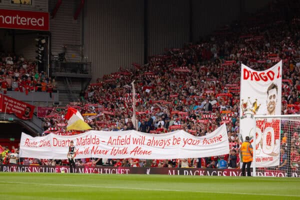 LIVERPOOL, ENGLAND - Friday, August 15, 2025: Liverpool supporters holding up a banner in support for Diogo Jota and Andre Silva's family before the FA Premier League match between Liverpool FC and AFC Bournemouth at Anfield. (Photo by David Rawcliffe/Propaganda)