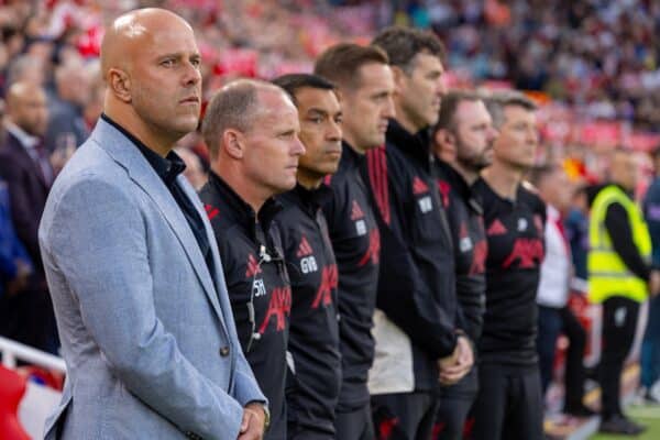 LIVERPOOL, ENGLAND - Friday, August 15, 2025: Liverpool's head coach Arne Slot observing a period of silence for Diogo Jota and Andre Silva who died in a car accident in July, before the FA Premier League match between Liverpool FC and AFC Bournemouth at Anfield. (Photo by David Rawcliffe/Propaganda)