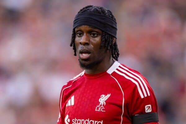 LIVERPOOL, ENGLAND - Friday, August 15, 2025: Liverpool's Jeremie Frimpong during the FA Premier League match between Liverpool FC and AFC Bournemouth at Anfield. (Photo by David Rawcliffe/Propaganda)