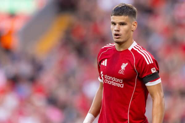 LIVERPOOL, ENGLAND - Friday, August 15, 2025: Liverpool's Milos Kerkez during the FA Premier League match between Liverpool FC and AFC Bournemouth at Anfield. (Photo by David Rawcliffe/Propaganda)