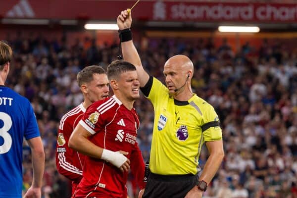 LIVERPOOL, ENGLAND - Friday, August 15, 2025: Liverpool's Milos Kerkez is shown a yellow card by Anthony Taylor during the FA Premier League match between Liverpool FC and AFC Bournemouth at Anfield. (Photo by David Rawcliffe/Propaganda)