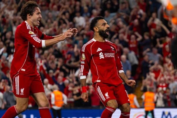 LIVERPOOL, ENGLAND - Friday, August 15, 2025: Liverpool's Mohamed Salah celebrates after scoring the fourth goal with teammate Federico Chiesa during the FA Premier League match between Liverpool FC and AFC Bournemouth at Anfield. (Photo by David Rawcliffe/Propaganda)