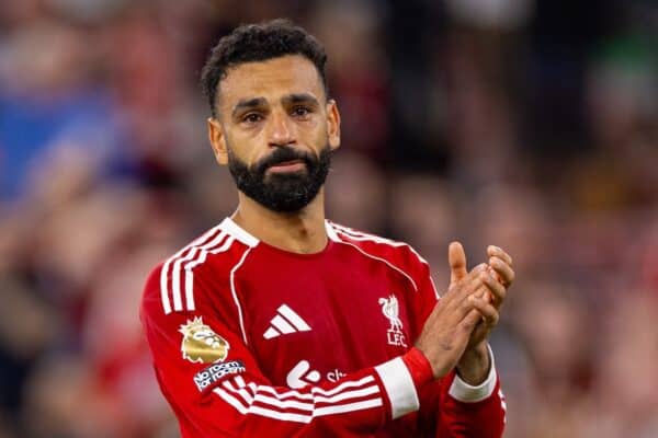 LIVERPOOL, ENGLAND - Friday, August 15, 2025: Liverpool's Mohamed Salah overcome with emotion after the final whistle during the FA Premier League match between Liverpool FC and AFC Bournemouth at Anfield. (Photo by David Rawcliffe/Propaganda)