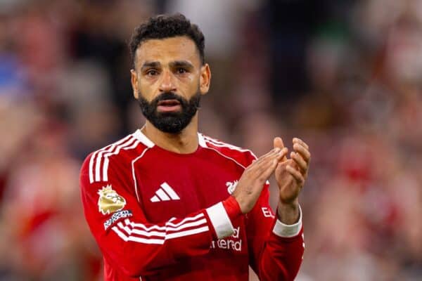 LIVERPOOL, ENGLAND - Friday, August 15, 2025: Liverpool's Mohamed Salah overcome with emotion after the final whistle during the FA Premier League match between Liverpool FC and AFC Bournemouth at Anfield. (Photo by David Rawcliffe/Propaganda)