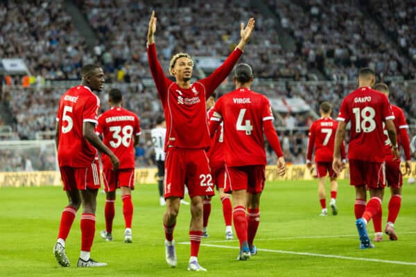 NEWCASTLE-UPON-TYNE, ENGLAND - Monday, August 25, 2025: Liverpool's Hugo Ekitike celebrates after scoring the second goal during the FA Premier League match between Newcastle United FC and Liverpool FC at St James' Park. (Photo by David Rawcliffe/Propaganda)