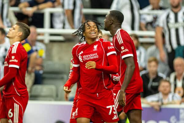 NEWCASTLE-UPON-TYNE, ENGLAND - Monday, August 25, 2025: Liverpool's Rio Ngumoha celebrates after scoring the third goal and his first goal on debut during the FA Premier League match between Newcastle United FC and Liverpool FC at St James' Park. (Photo by David Rawcliffe/Propaganda)