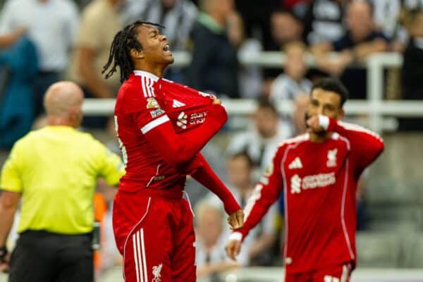 NEWCASTLE-UPON-TYNE, ENGLAND - Monday, August 25, 2025: Liverpool's Rio Ngumoha celebrates after scoring the third goal and his first goal on debut during the FA Premier League match between Newcastle United FC and Liverpool FC at St James' Park. (Photo by David Rawcliffe/Propaganda)