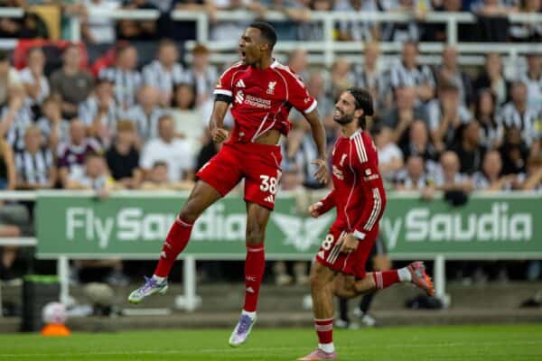 NEWCASTLE-UPON-TYNE, ENGLAND - Monday, August 25, 2025: Liverpool's Ryan Gravenberch celebrates after scoring the first goal during the FA Premier League match between Newcastle United FC and Liverpool FC at St James' Park. (Photo by David Rawcliffe/Propaganda)