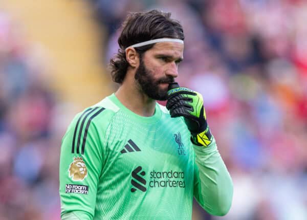 LIVERPOOL, ENGLAND - Sunday, August 31, 2025: Liverpool's goalkeeper Alisson Becker during the FA Premier League match between Liverpool FC and Arsenal FC at Anfield. (Photo by David Rawcliffe/Propaganda)