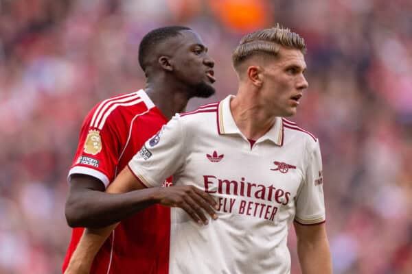 LIVERPOOL, ENGLAND - Sunday, August 31, 2025: Liverpool's Ibrahima Konaté and Arsenal's Viktor Gyökeres during the FA Premier League match between Liverpool FC and Arsenal FC at Anfield. (Photo by David Rawcliffe/Propaganda)