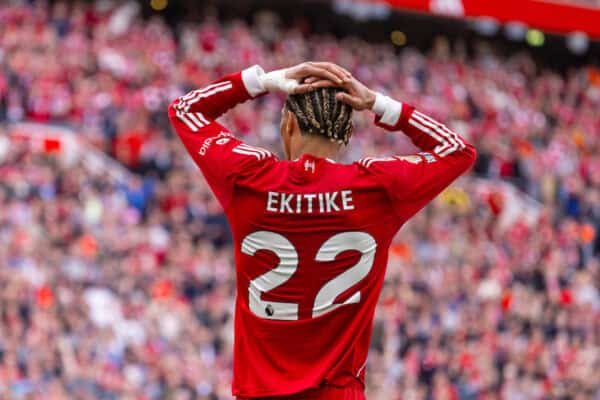 LIVERPOOL, ENGLAND - Sunday, August 31, 2025: Liverpool's Hugo Ekitike in disbelief as his shot on goal was ruled off-side during the FA Premier League match between Liverpool FC and Arsenal FC at Anfield. (Photo by David Rawcliffe/Propaganda)