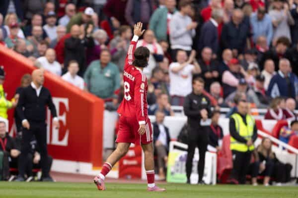 LIVERPOOL, ENGLAND - Sunday, August 31, 2025: Liverpool's Dominik Szoboszlai celebrates after scoring the first goal during the FA Premier League match between Liverpool FC and Arsenal FC at Anfield. (Photo by David Rawcliffe/Propaganda)