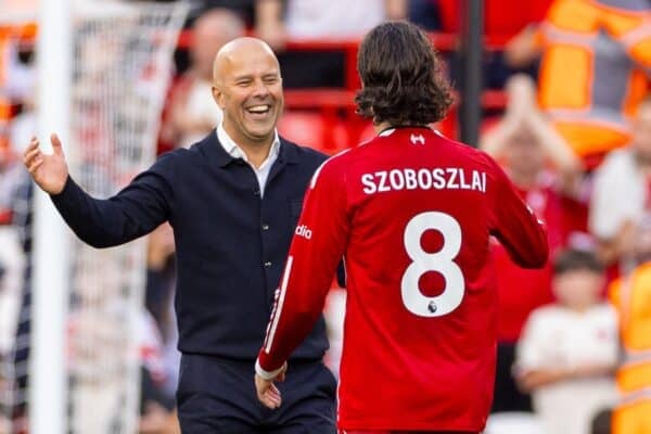 LIVERPOOL, ENGLAND - Sunday, August 31, 2025: Liverpool's head coach Arne Slot celebrates with goalscorer Dominik Szoboszlai following the final whistle during the FA Premier League match between Liverpool FC and Arsenal FC at Anfield. (Photo by David Rawcliffe/Propaganda)