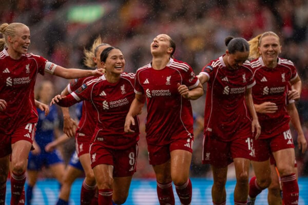LIVERPOOL, ENGLAND - Sunday, September 7, 2025: Liverpool's Cornelia Kapocs celebrates after scoring the first goal during the FA Women’s Super League match between Liverpool FC Women and Everton FC Women, the Women's Merseyside Derby, at Anfield. (Photo by David Rawcliffe/Propaganda)