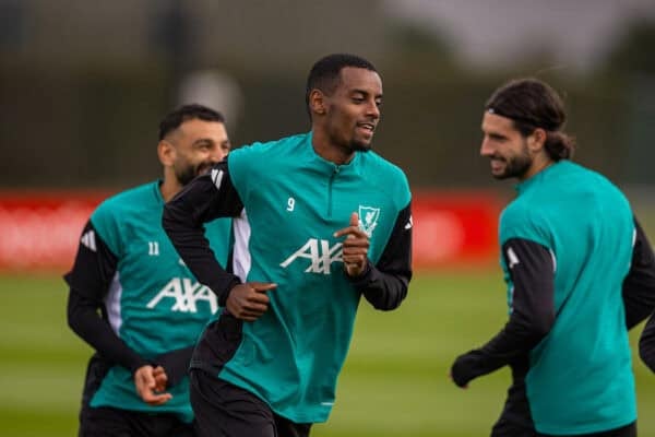 LIVERPOOL, ENGLAND - Tuesday, September 16, 2025: Liverpool's Alexander Isak during a training session at the AXA Training Centre ahead of the UEFA Champions League match between Liverpool FC and Atlético de Madrid. (Photo by David Rawcliffe/Propaganda)