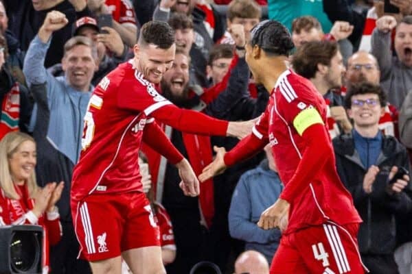 LIVERPOOL, ENGLAND - Wednesday, September 17, 2025: Liverpool's Andy Robertson celebrates after scoring the first goal with teammate captain Virgil van Dijk during the UEFA Champions League match between Liverpool FC and Atletico Madrid FC at Anfield. (Photo by David Rawcliffe/Propaganda)