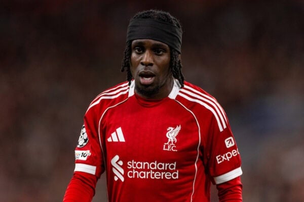 LIVERPOOL, ENGLAND - Wednesday, September 17, 2025: Liverpool's Jeremie Frimpong during the UEFA Champions League match between Liverpool FC and Atletico Madrid FC at Anfield. (Photo by David Rawcliffe/Propaganda)