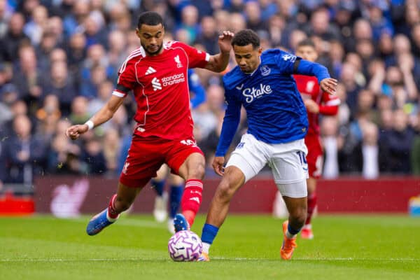 LIVERPOOL, ENGLAND - Saturday, September 20, 2025: Liverpool's Cody Gakpo challenges Everton's Iliman Ndiaye during the FA Premier League match between Liverpool FC and Everton FC at Anfield. The 247th Merseyside Derby. (Photo by David Rawcliffe/Propaganda)