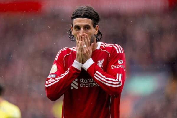 LIVERPOOL, ENGLAND - Saturday, September 20, 2025: Liverpool's Dominik Szoboszlai with his head in his hands during the FA Premier League match between Liverpool FC and Everton FC at Anfield. The 247th Merseyside Derby. (Photo by David Rawcliffe/Propaganda)