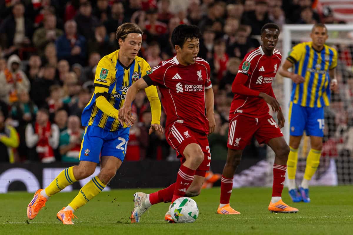 LIVERPOOL, ENGLAND - Tuesday, September 23, 2025: Liverpool's Wataru Endo is challenged by Southampton’s Caspar Jander during the Football League Cup 3rd Round match between Liverpool FC and Southampton FC at Anfield. (Photo by David Rawcliffe/Propaganda)