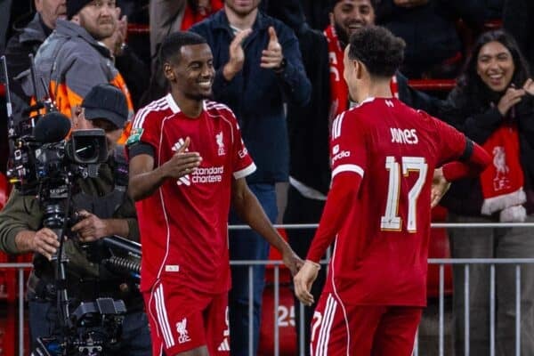 LIVERPOOL, ENGLAND - Tuesday, September 23, 2025: Liverpool's Alexander Isak celebrates with team-mate Curtis Jones after scoring the first goal during the Football League Cup 3rd Round match between Liverpool FC and Southampton FC at Anfield. (Photo by David Rawcliffe/Propaganda)