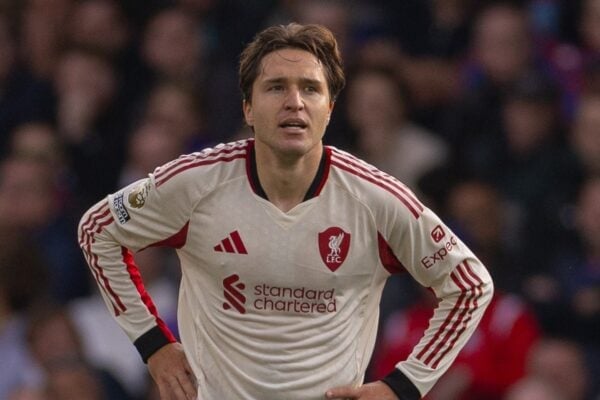 LONDON, ENGLAND - Saturday, September 27, 2025: Liverpool's Federico Chiesa waits for his goal to be checked by VAR the FA Premier League match between Crystal Palace FC and Liverpool FC at Selhurst Park. (Photo by David Rawcliffe/Propaganda)