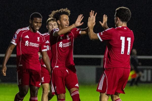 LONDON, ENGLAND - Friday, October 3, 2025: Liverpool's Kaide Gordon celebrates after scoring the first goal during the Premier League 2 match between Fulham FC Under-21's and Liverpool FC Under-21's at Motspur Park. (Photo by David Rawcliffe/Propaganda)