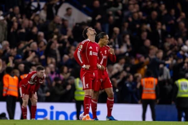 LONDON, ENGLAND - Saturday, October 4, 2025: Liverpool's Curtis Jones react to conceeding Chelsea's winning goalduring the FA Premier League match between Chelsea FC and Liverpool FC at Stamford Bridge. (Photo by David Rawcliffe/Propaganda)