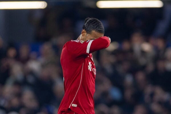 LONDON, ENGLAND - Saturday, October 4, 2025: Liverpool's captain Virgil van Dijk reacts to his side's third loss in a row after the FA Premier League match between Chelsea FC and Liverpool FC at Stamford Bridge. (Photo by David Rawcliffe/Propaganda)