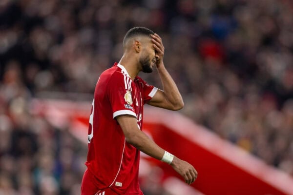 LIVERPOOL, ENGLAND - Sunday, October 19, 2025: Liverpool's Cody Gakpo reacts to missing a chance to equalise during the FA Premier League match between Liverpool FC and Manchester United FC at Anfield. (Photo by David Rawcliffe/Propaganda)