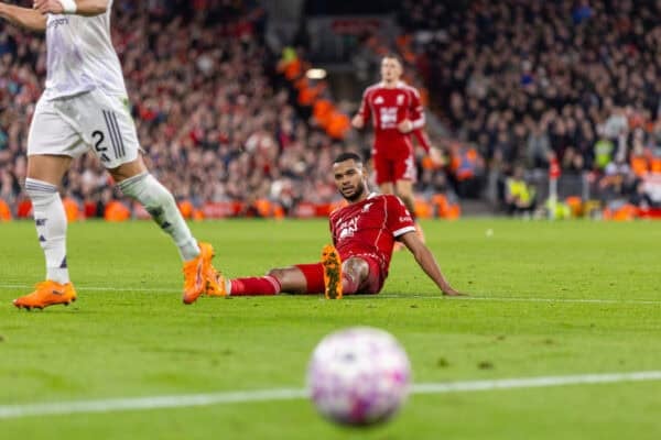 LIVERPOOL, ENGLAND - Sunday, October 19, 2025: Liverpool's Cody Gakpo during the FA Premier League match between Liverpool FC and Manchester United FC at Anfield. (Photo by David Rawcliffe/Propaganda)