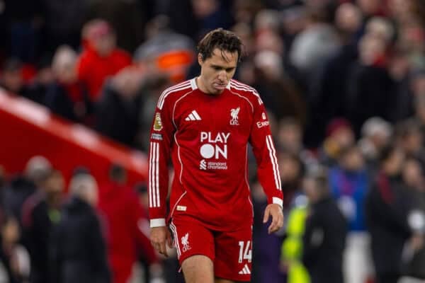 LIVERPOOL, ENGLAND - Sunday, October 19, 2025: Liverpool's Federico Chiesa reacts to his side losing after the FA Premier League match between Liverpool FC and Manchester United FC at Anfield. (Photo by David Rawcliffe/Propaganda)