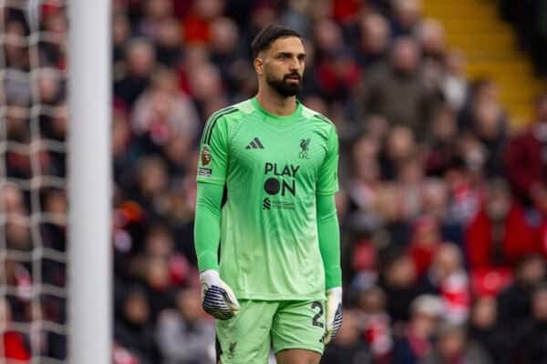LIVERPOOL, ENGLAND - Sunday, October 19, 2025: Liverpool's goalkeeper Giorgi Mamardashvili reacts to conceeding the first goal during the FA Premier League match between Liverpool FC and Manchester United FC at Anfield. (Photo by David Rawcliffe/Propaganda)