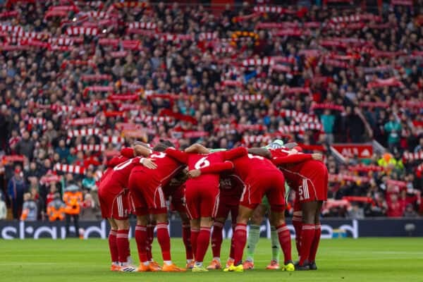LIVERPOOL, ENGLAND - Sunday, October 19, 2025: Liverpool's players form a pre-match huddle before the FA Premier League match between Liverpool FC and Manchester United FC at Anfield. (Photo by David Rawcliffe/Propaganda)