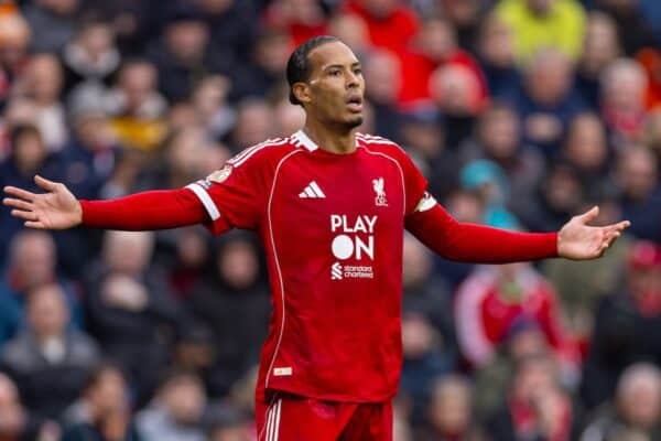 LIVERPOOL, ENGLAND - Sunday, October 19, 2025: Liverpool's captain Virgil van Dijk during the FA Premier League match between Liverpool FC and Manchester United FC at Anfield. (Photo by David Rawcliffe/Propaganda)