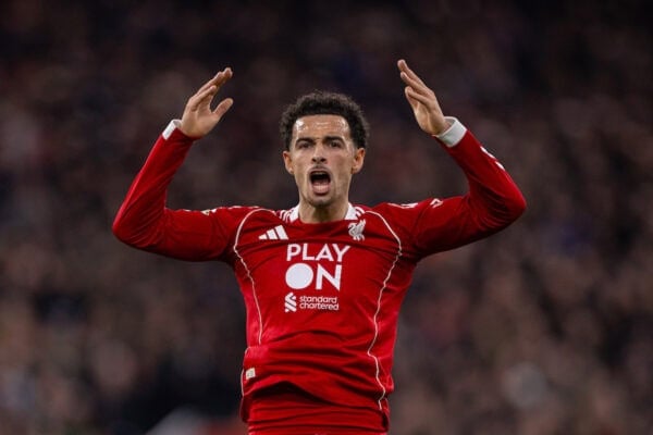 LIVERPOOL, ENGLAND - Sunday, October 19, 2025: Liverpool's Curtis Jones celebrates after the equalising goal during the FA Premier League match between Liverpool FC and Manchester United FC at Anfield. (Photo by David Rawcliffe/Propaganda)