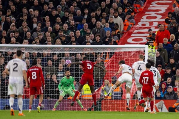 LIVERPOOL, ENGLAND - Sunday, October 19, 2025: Manchester United's Harry Maguire scores the second goal during the FA Premier League match between Liverpool FC and Manchester United FC at Anfield. (Photo by David Rawcliffe/Propaganda)