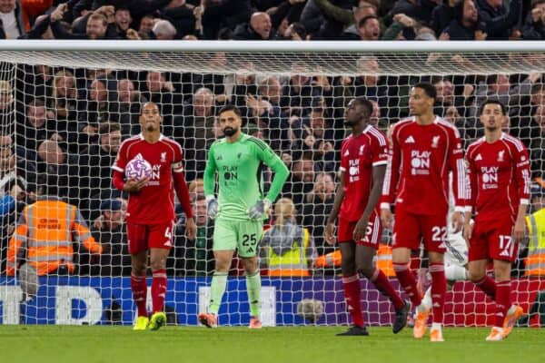 LIVERPOOL, ENGLAND - Sunday, October 19, 2025: Liverpool's goalkeeper Giorgi Mamardashvili reacts to conceeding the second goal during the FA Premier League match between Liverpool FC and Manchester United FC at Anfield. (Photo by David Rawcliffe/Propaganda)