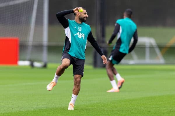 LIVERPOOL, ENGLAND - Tuesday, October 21, 2025: Liverpool's Mohamed Salah during a training session at the AXA Training Centre ahead of the UEFA Champions League match between Eintracht Frankfurt and Liverpool FC. (Photo by Jessica Hornby/Propaganda)